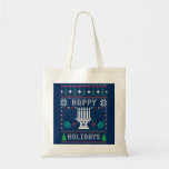 Ugly Xmas Sweater Happy Holidays Dreidels Tote Bag<br><div class="desc">A clever twist on the Ugly Christmas Sweater:  traditional red,  green,  white colors,  a menorah and blue-green Dreidels. Contact designer for special requests. © Copyright 2021 P.D.,  Holiday Patterns And Paintings.  All rights reserved.</div>
