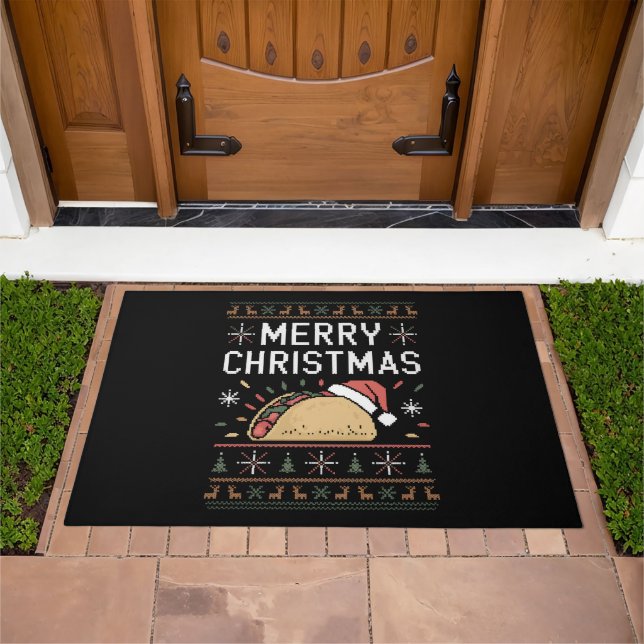 Ugly Xmas Sweater Lights Santa Taco Christmas Doormat (Outdoor)