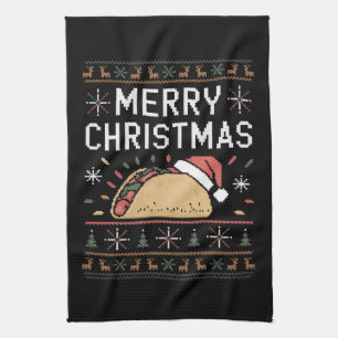 Ugly Xmas Sweater Lights Santa Taco Christmas Kitchen Towel