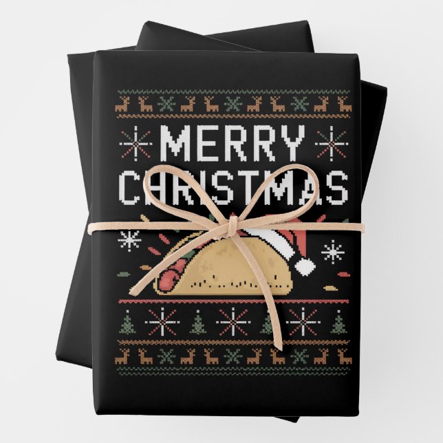 Ugly Xmas Sweater Lights Santa Taco Christmas Wrapping Paper Sheets (In situ)