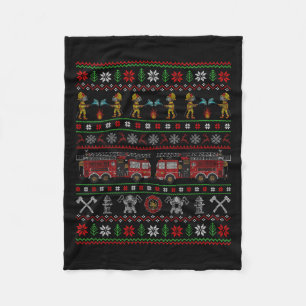 Ugly Xmas Sweater Style Fire Truck Firefighter Chr Fleece Blanket