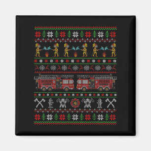 Ugly Xmas Sweater Style Fire Truck Firefighter Chr Magnet