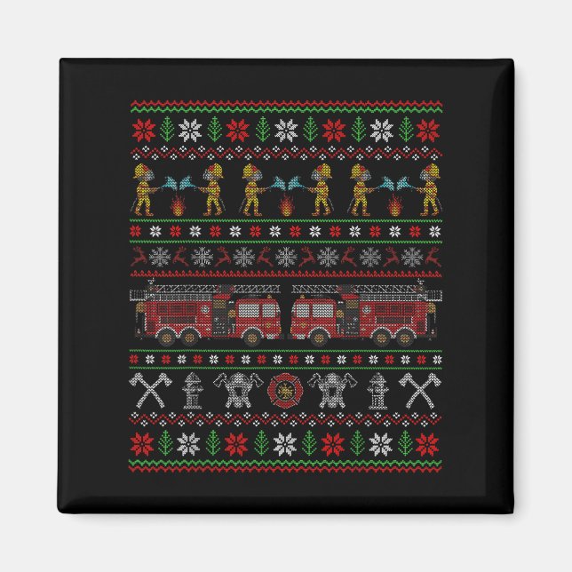 Ugly Xmas Sweater Style Fire Truck Firefighter Chr Magnet (Front)