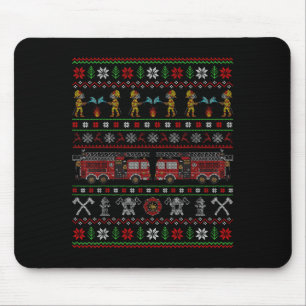 Ugly Xmas Sweater Style Fire Truck Firefighter Chr Mouse Pad