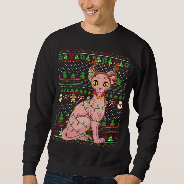 Ugly Xmas Sweater Style Lighting Sphynx Cat Christ (Front)