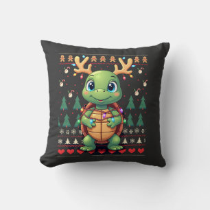 Ugly Xmas Sweater Style Lighting Turtle Christmas Throw Pillow