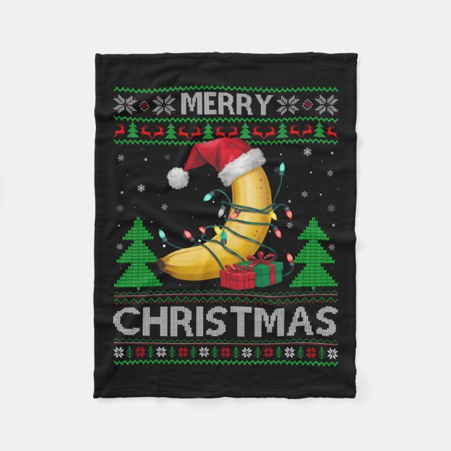 Ugly Xmas Sweater Style Lights Santa Banana Christ Fleece Blanket (Front)