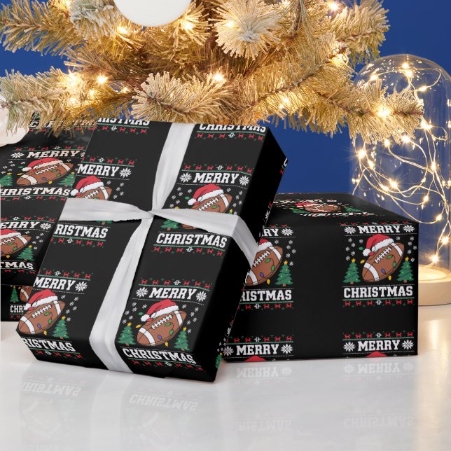 Ugly Xmas Sweater Style Santa American Football  Wrapping Paper (Holidays)