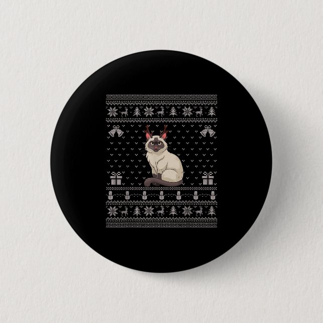 Ugly Xmas Sweater Style Siamese Cat Reindeer Chris Button (Front)