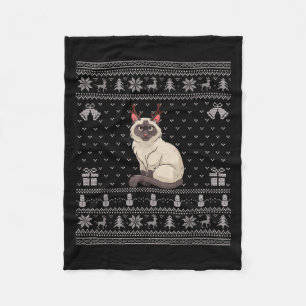 Ugly Xmas Sweater Style Siamese Cat Reindeer Chris Fleece Blanket