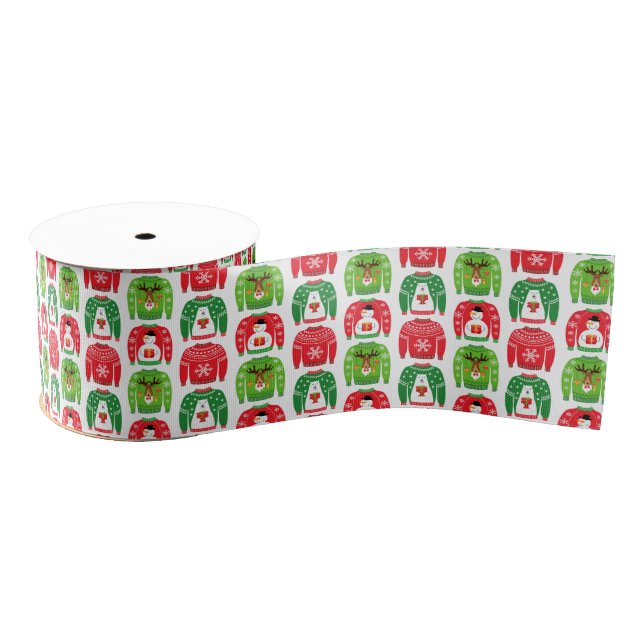 Ugly Xmas Sweaters Polar Bear Snowman Rudolf Red Grosgrain Ribbon (Spool)