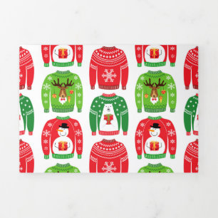 Ugly Xmas Sweaters Polar Bear Snowman Rudolf Red Tri-Fold Holiday Card