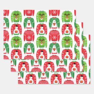 Ugly Xmas Sweaters Polar Bear Snowman Rudolf Red Wrapping Paper Sheets