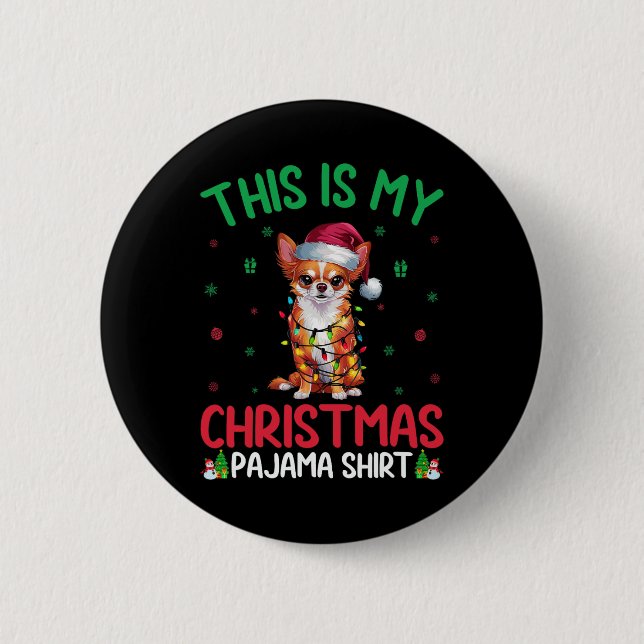 Ugly Xmas Tree Lights Santa Chihuahua Dog Christma Button (Front)