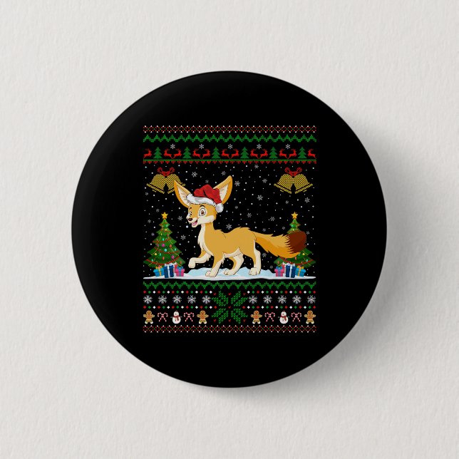 Ugly Xmas Tree Lights Santa Hat Fennec Fox Christm Button (Front)