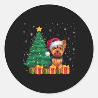 Ugly Yorkshire Terrier Santa Hat Christmas Lights Classic Round Sticker