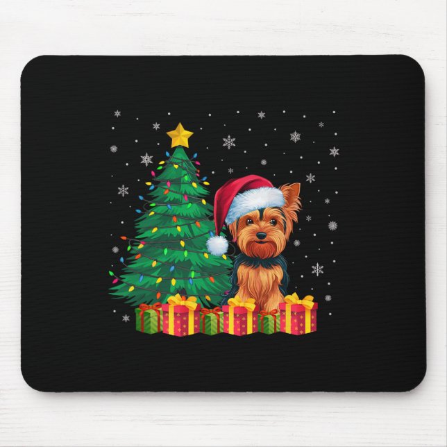 Ugly Yorkshire Terrier Santa Hat Christmas Lights  Mouse Pad (Front)