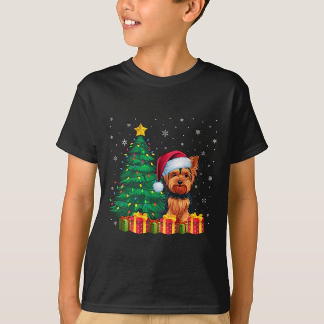 Ugly Yorkshire Terrier Santa Hat Christmas Lights  T-Shirt (Front)