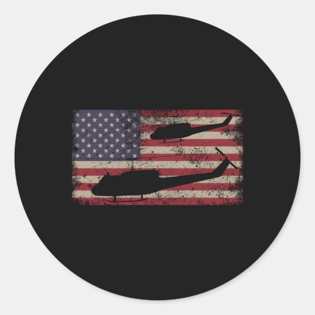 Uh1 Huey Helicopter Usa American Flag Classic Round Sticker (Front)