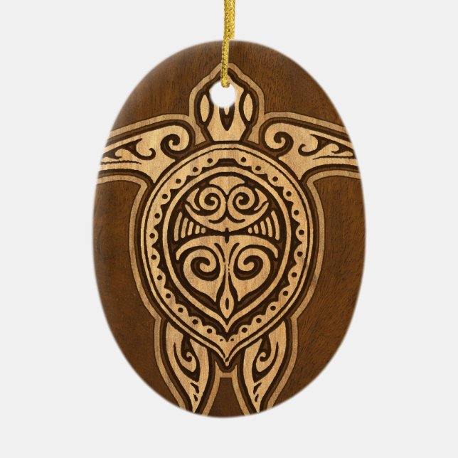 Uhane Honu Faux Wood Hawaiian Turtle Ceramic Ornament (Front)