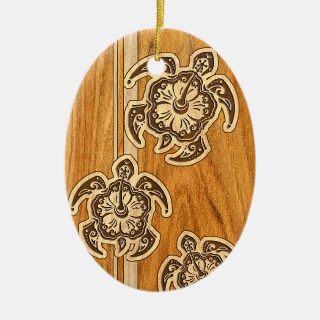Uhane Honu Faux Wood Hawaiian Turtles Ceramic Ornament (Front)