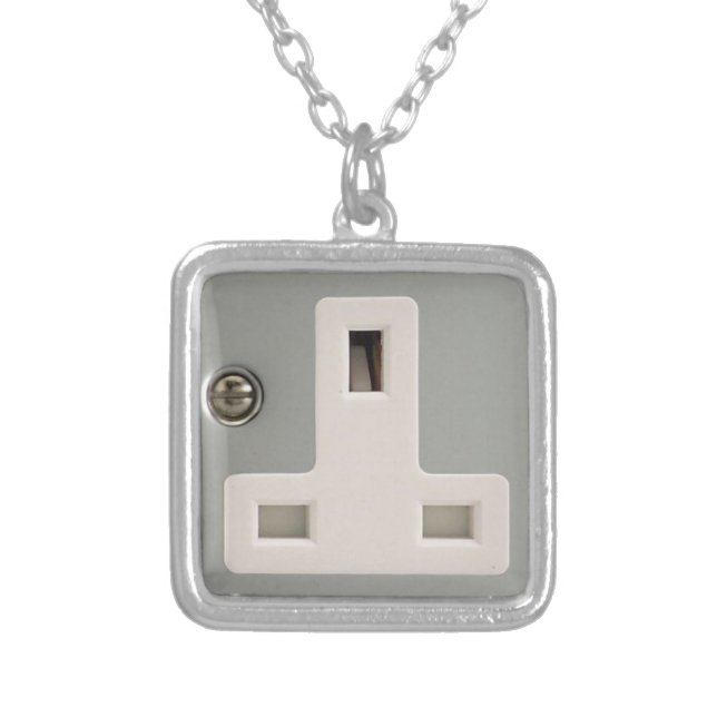 UK AC BS 1363 Plug Socket [British Standard] Silver Plated Necklace (Front)