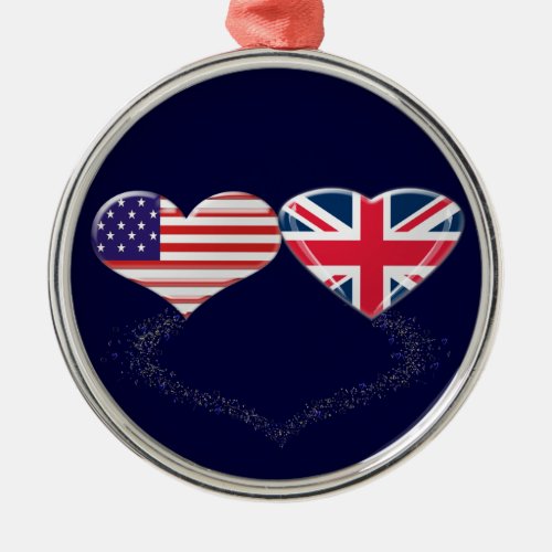 UK and USA Hearts Flag and Ticker tape Metal Ornament