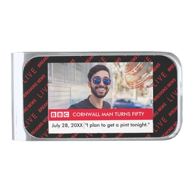 UK British Funny 50th Birthday Fake News Silver Finish Money Clip (Front)
