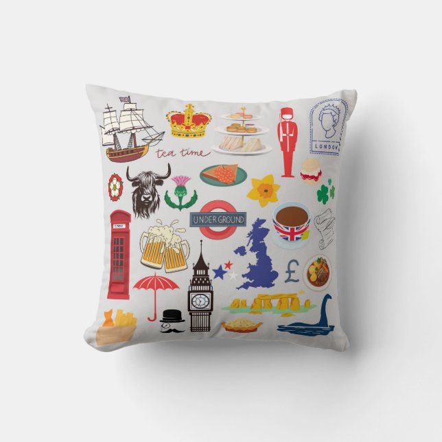 UK British Symbols Throw Pillow (Front)
