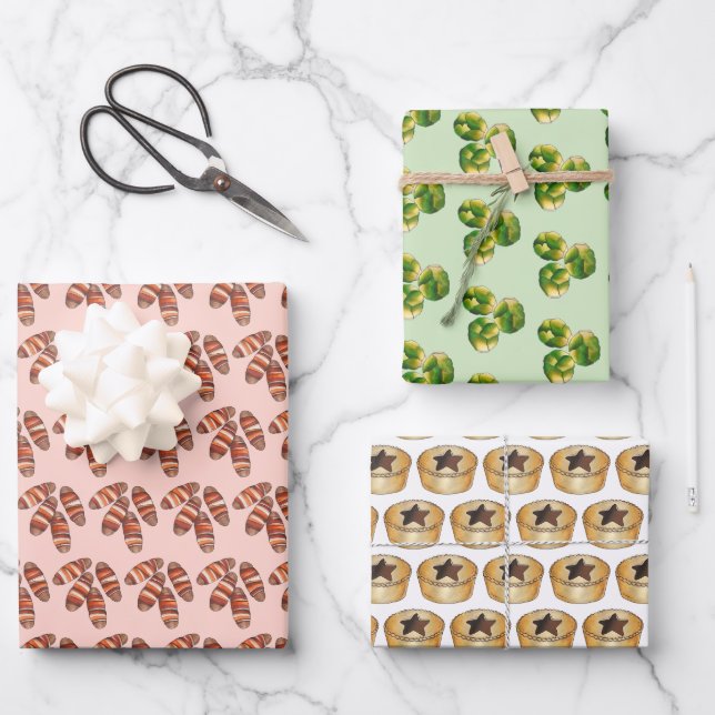 UK Christmas Sprouts Mince Pies Pigs in Blankets Wrapping Paper Sheets (Front)