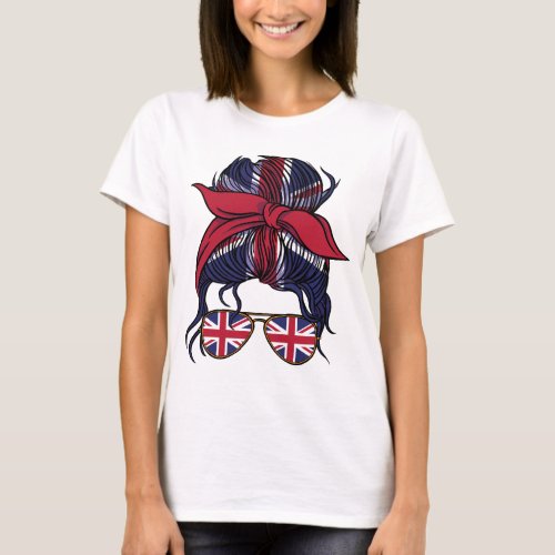 UK flag and messy bun girl design T_Shirt