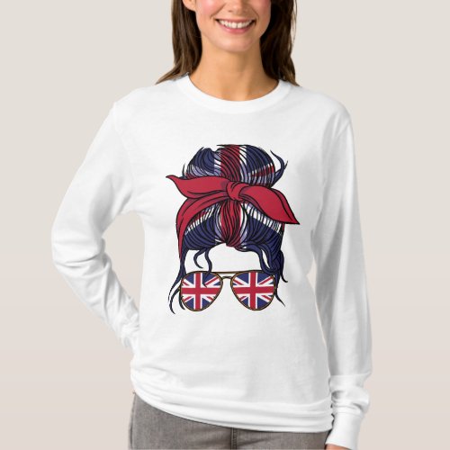 UK flag and messy bun girl design T_Shirt