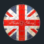 UK flag antiqued style hope & glory dart board<br><div class="desc">A unique antique style United Kingdom flag dart board in red, white and blue hues. Designed using the union jack, flag of Britain and adding a little vintage treatment. With the sporting and patriotic words Hope & Glory. Produced by Sarah Trett. Would look great in a UK patriotic bedroom or...</div>