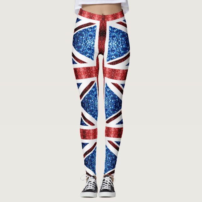 UK flag red and blue sparkles glitters Leggings (Front)
