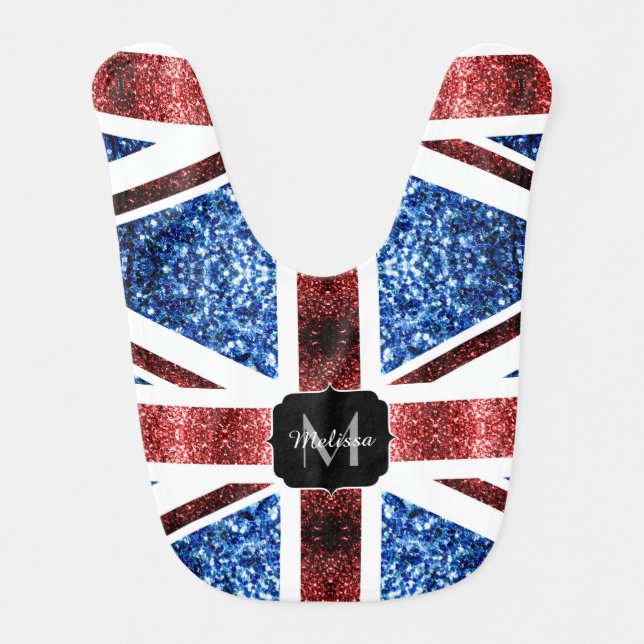 UK flag red and blue sparkles glitters Monogram Baby Bib (Front)