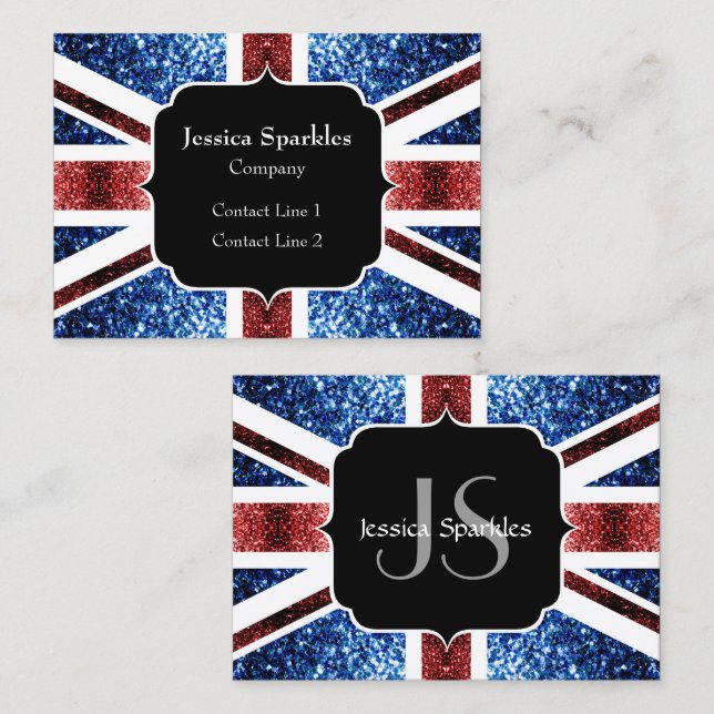 UK flag red and blue sparkles glitters Monogram Business Card (Front/Back)
