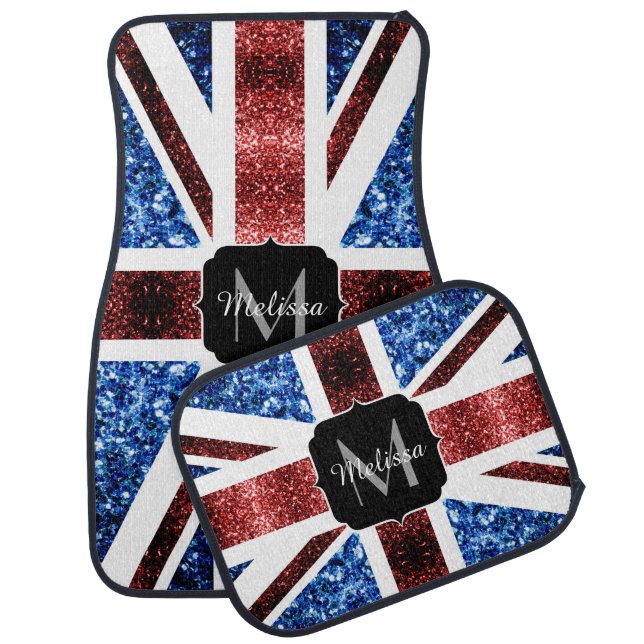 UK flag red and blue sparkles glitters Monogram Car Mat (Set)