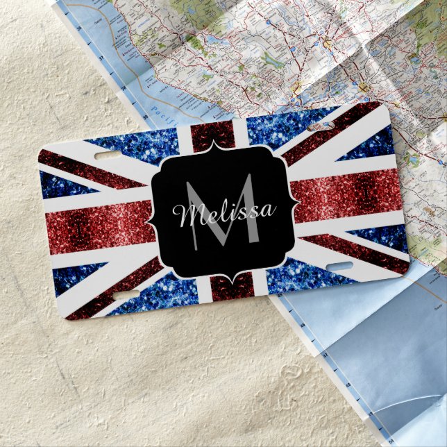UK flag red and blue sparkles glitters Monogram License Plate (In Situ)