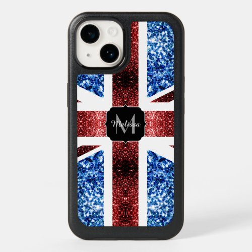 UK flag red and blue sparkles glitters Monogram OtterBox iPhone 14 Case