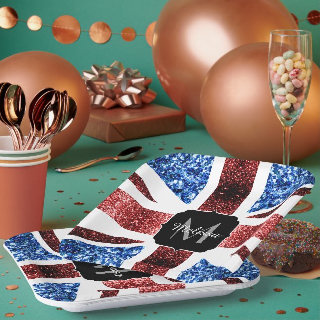 UK flag red and blue sparkles glitters Monogram Paper Plates (Multi)
