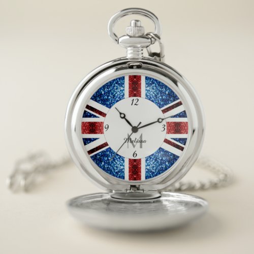 UK flag red and blue sparkles glitters Monogram Pocket Watch