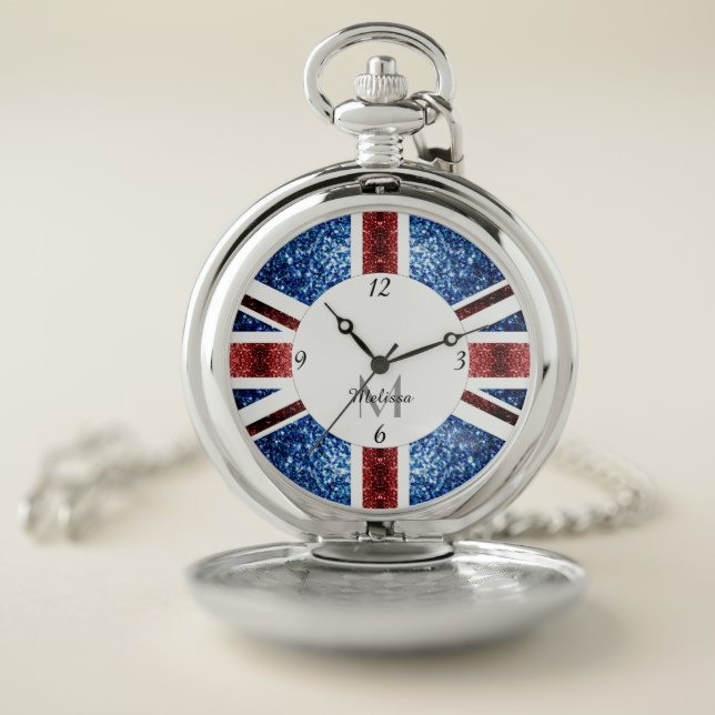 UK flag red and blue sparkles glitters Monogram Pocket Watch (Inside)