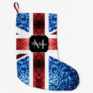 UK flag red and blue sparkles glitters Monogram Small Christmas Stocking