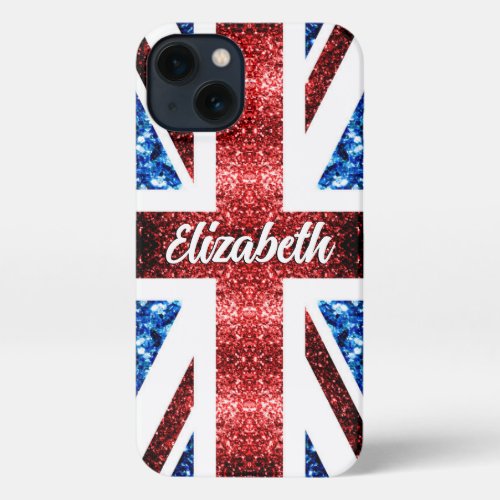 UK flag red blue sparkles glitters Monogram name iPhone 13 Case