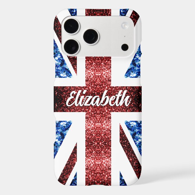 UK flag red blue sparkles glitters Monogram name iPhone Case (Back)