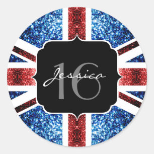 UK flag red blue sparkles glitters Sweet 16 Classic Round Sticker