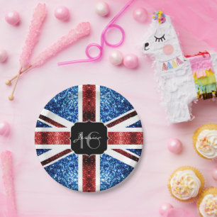 UK flag red blue sparkles glitters Sweet 16 Paper Plates