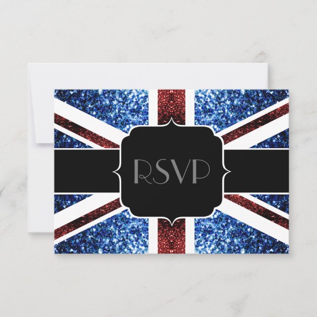 UK flag red blue sparkles glitters Sweet 16 RSVP (Front)