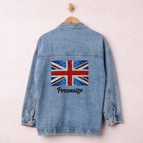 UK flag red blue white sparkles custom name text Denim Jacket