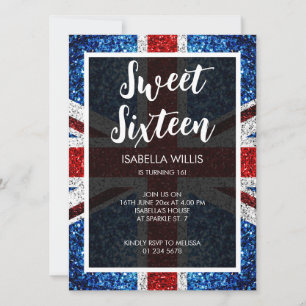 UK flag red blue white sparkles elegant Sweet 16 Invitation